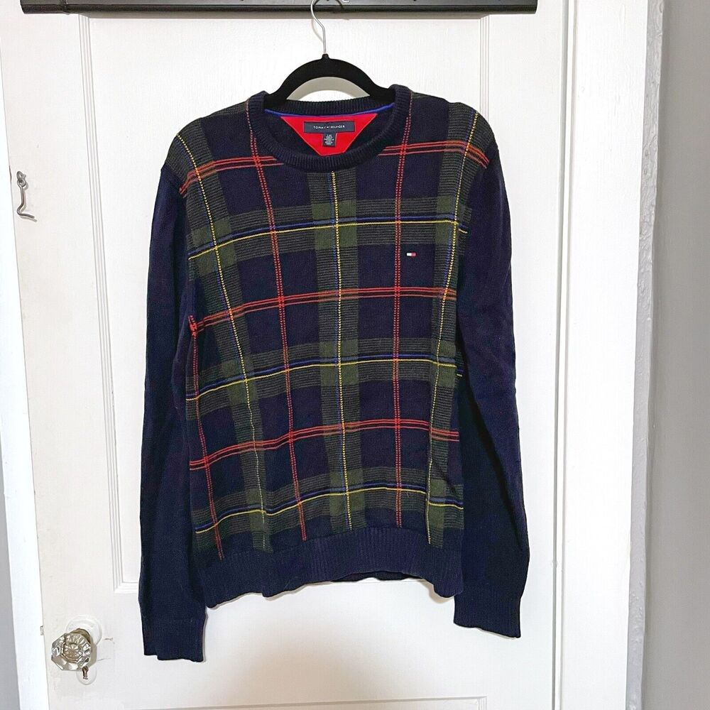 Tommy Hilfiger Men's Large Navy Blue Green Red Plaid Sweater W/Logo Crew Neck